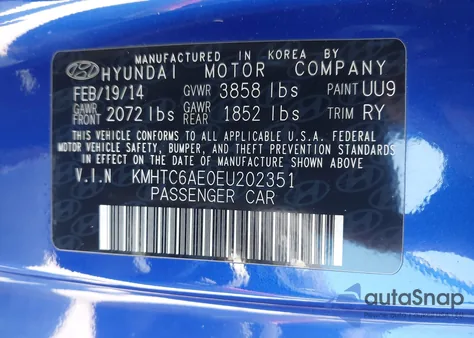 2014 Hyundai Veloster Turbo R-Spec z USA, uszkodzony, nr VIN KMHTC6AE0EU202351